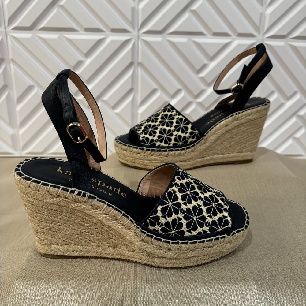 Kate Spade New York Navy Fab Jacquard  Wedge Espadrille Sandals. New